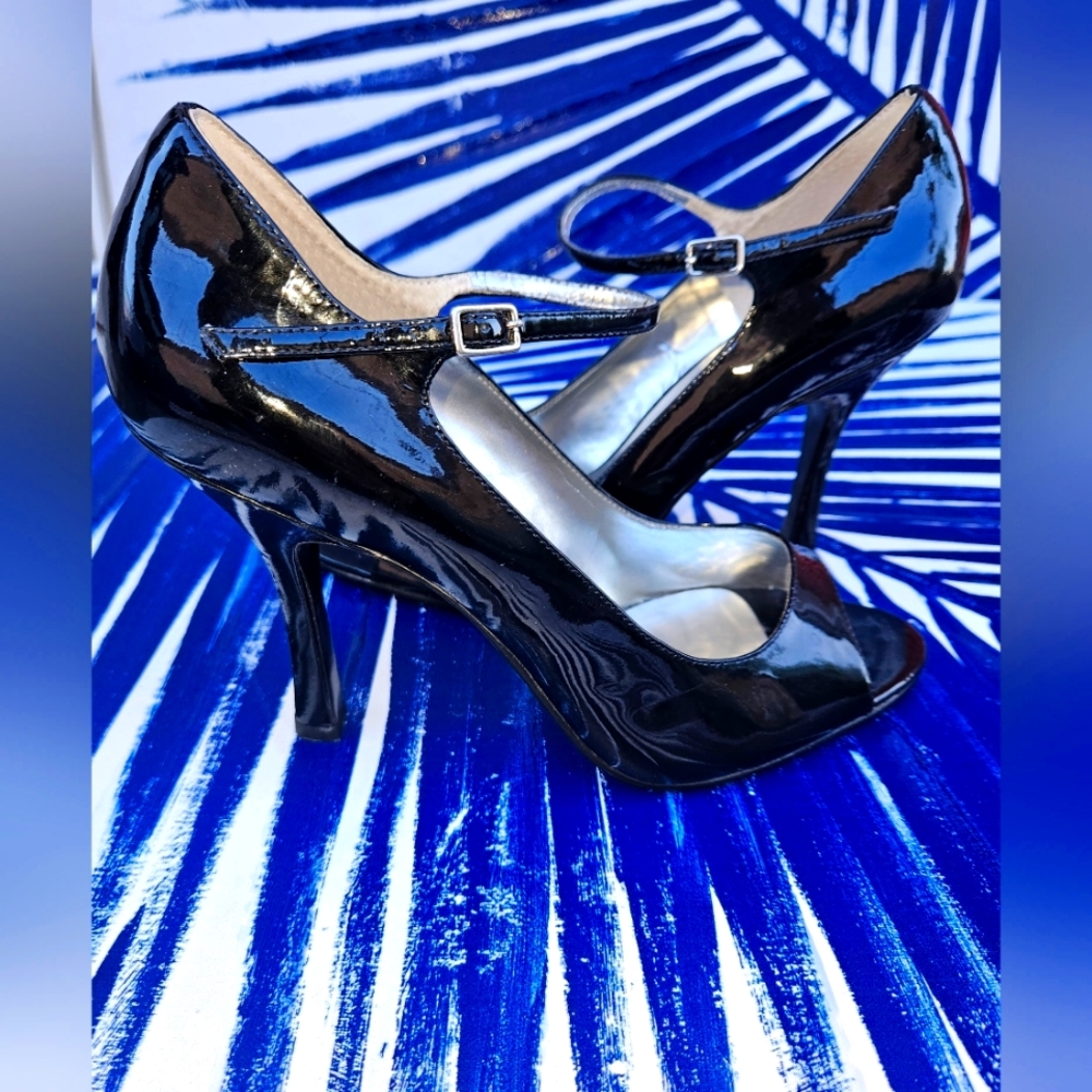 GUESS Mary Jane Black Patent Leather Peep-Toe Heels